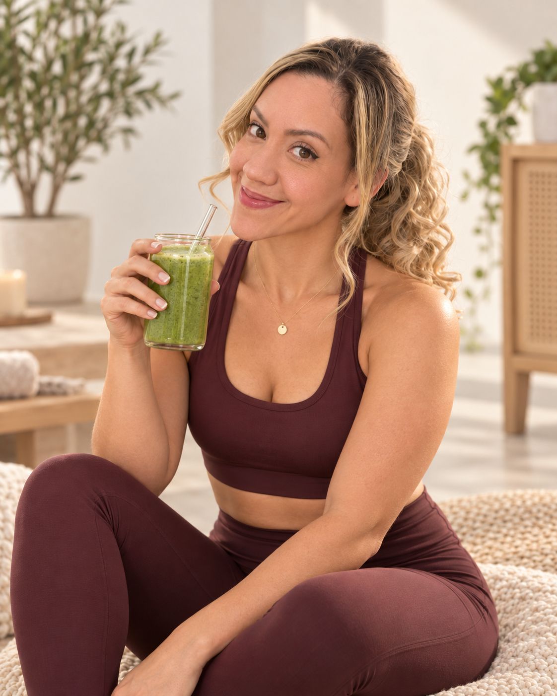 Mujer con ropa deportiva sosteniendo un batido verde